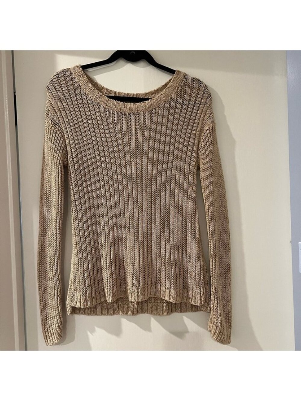 Alice and Olivia Beige Tan Open Crochet Knit Relaxed Crewneck Sweater Size Small